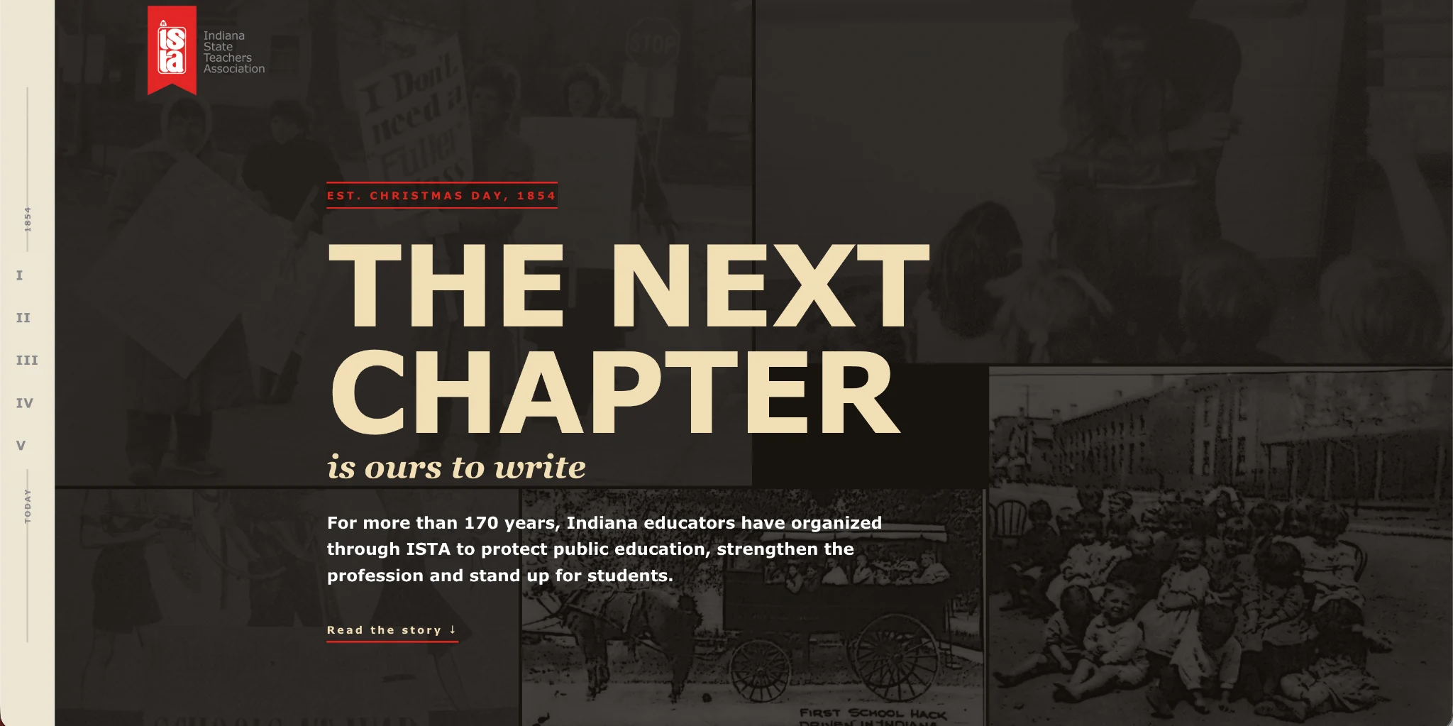 The Next Chapter interactive website, showing the opening archival collage, title and chapter navigation